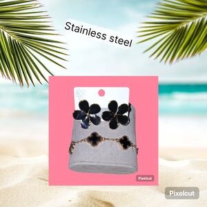 Black Flower Earrings and Bracelet Set